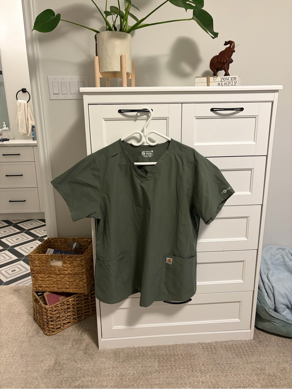 Carhartt Woman’s Olive Green V-Neck Utility Scrub Top